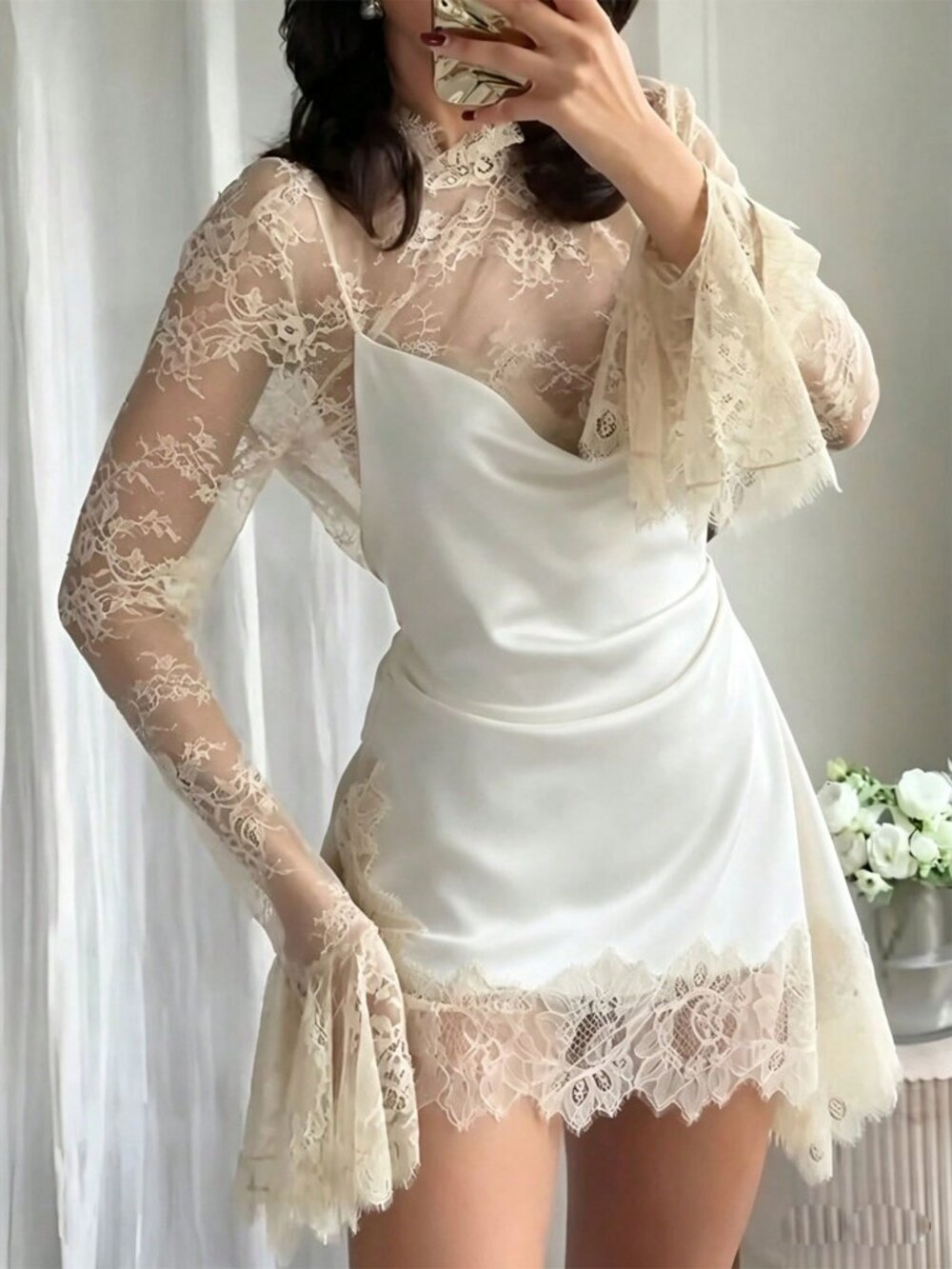 White Casual Women's Lace Flare Sleeve A-Line Mini Dress